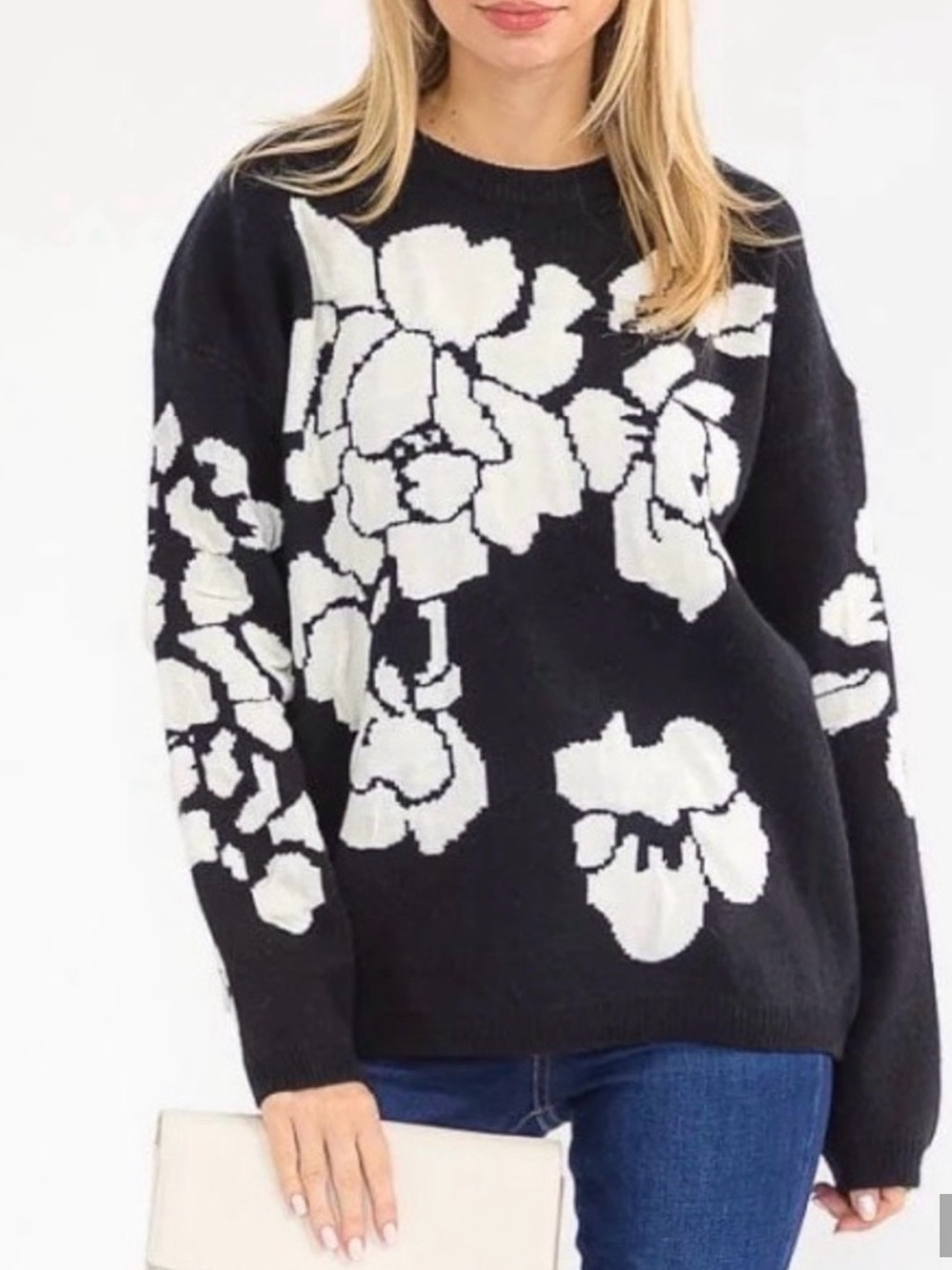 Anthropologie Ciebon Sweater Size Medium Floral Black White Winter